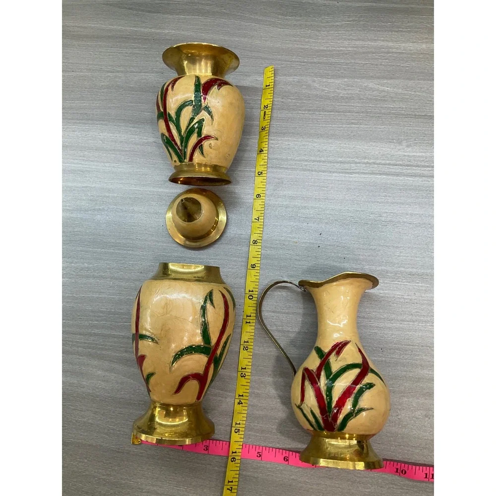 VINTAGE INDIAN BRASS HAND PAINTED ENAMEL JAR PITCHER AND VASE‎